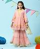 BIBA Three Fourth Sleeves Floral Embroidered & Laced Embellished Gathered Kurta Gharara Suit Set - Peach
