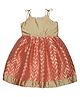 Young Birds Silk Sleeveless Chevron Designed Foil Printed Shoulder Tie Up Ethnic Dress - Peach