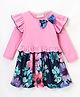 CrayonFlakes Cotton Knit Frilled Full Sleeves Floral Printed Dress with Bow Applique - Red