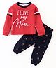 Mini Donuts Full Sleeves Cotton Night Suit Text Print- Red