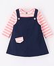 O'CARINA Cotton Solid Frock with Full Sleeves Striped Inner Tee - Navy & Pink