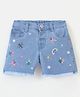 Babyhug Cotton Spandex Mid Thigh Length Washed Stretchable Shorts Nature Embroidery Blue (Fly With Zipper)