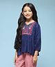 BIBA Three Fourth Sleeves Viscose A-Line Floral Embroidered Top - Blue