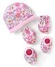 Babyhug 100% Cotton Knit Cap Mittens & Booties Set Floral Print - Pink