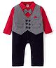 ToffyHouse Cotton Full Sleeves Checkered Party Romper with Bow Tie & Waistcoat - Navy & Red