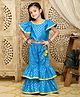 Saka Designs By Sapna Cap Sleeves All Over Ethnic Motif Foil Printed Top With Coordinating Lace Embellished Sharara - Blue