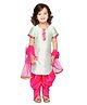 Saka Designs By Sapna Half Sleeves Mirror Work Embellished & Motif Detailed Curved Hem Kurta With Dhoti & Dupatta - Pastel Blue & Fuchsia Pink