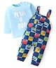 Babyhug 100% Cotton Monster Printed Dungaree With Pocket & Full Sleeves Inner Tee with Shoulder Snap Buttons - Blue & Navy Blue