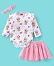 Babyhug 100% Cotton Knit Full Sleeves Onesies with Skirt & Hairband Bear Print  - Pink