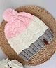 Woonie Handmade Pom Pom Detailed Cable Knit Colour Block  Woollen Cap - Pink-  Diameter 28 Cms