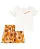 Carter's Cotton Blend Half Sleeves Top & Floral Printed Skirt Set - White & Yellow