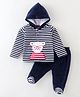 Wonderchild Full Sleeves Bear Embroidered & Striped Hooded Tee With Coordinating Footed Pant - Navy Blue