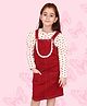 Cutecumber Full Sleeves Seamless Heart Printed Top With Frill Detailed Dungaree Dress - Plum Red