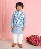 READIPRINT Full Sleeves Intricate Cubic Designed Kurta & Pyjama With Floral Printed Nehru Jacket - Blue