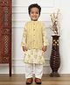 READIPRINT Full Sleeves Floral Motif  Striped Designed And Gota Lace Embellished Kurta Pyjama  With Nehru Jacket - Yellow