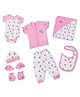 LuvLap Newborn Baby Garment Gift Set, 8 Pack, White & Pink All-Over Print, Jhabla, Pyjama, Onesie, Bib, Cap, Booties, Mittens, White & Pink