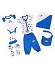 LuvLap Newborn Baby Garment Gift Set, 8 Pack, White & Blue All-Over Print, Jhabla, Pyjama, Onesie, Bib, Cap, Booties, Mittens, White & Blue