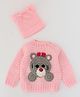 Woonie Full Sleeves Bear Face Applique Handmade Sweater With Cap - Pink