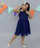 KIDSDEW Sleeveless Flower Applique Embellished Accordion Pleated Shimmer Detailed Fit & Flare Dress - Navy Blue