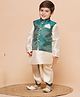 AJ Dezines Raw Silk Full Sleeves Solid Kurta With Ethnic Motif Foil Self Design Jacket & Coordinating Dhoti - Green