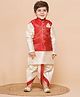 AJ Dezines Raw Silk Full Sleeves Solid Kurta With Ethnic Motif Foil Self Design Jacket & Coordinating Dhoti - Red