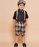 AJ Dezines Cotton Solid Shirt Checked  Shorts With Cap  Suspender & Bow - Beige