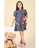 Lilpicks Couture Puffed Half Sleeves Hot Air Balloon Piocket Embroidered Denim Shirt Dress - Blue