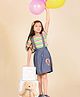 Lilpicks Couture Half Sleeves Rugby Striped Top With Hot Air Balloon Placement Embroidered Denim Dungaree Style Skirt - Multi Colour & Blue