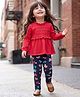 Babyhug 100% Cotton Knit Full Sleeves Top & Leggings Set With Mushroom Print - Red & Navy Blue