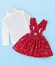 Babyhug Cotton Knit Full Sleeves Skivi Top and Skirt with Suspenders Snow Flake Print - White & Red