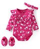 Babyhug 100% Cotton Full Sleeves Onesie with Hairband & Booties Bunny Print - Pink