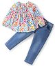 Babyhug 100% Cotton Knit Full Sleeves Top & Jeans With Floral Print - White & Blue
