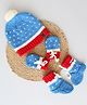 Woonie Hand Knitted Pom Pom Detailed Cap With Matching Mittens And Booties Set - Blue-  Diameter 30.5 Cms
