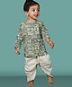 Polka Tots Full Sleeves Forrest Theme Leaves Geometric Block Printed Kurta & Coordinating Dhoti - Cream & Grey
