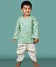 Polka Tots Full Sleeves Forrest Theme Leaves Geometric Block Printed Kurta & Coordinating Dhoti - Cream & Green