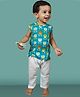 Polka Tots Sleeveless Lotus Motif Printed Kurta & Pyjama Pant Set - Blue & White