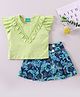 Tiara Cap Sleeves  Solid & Ruffle Neckline Detailed  Top With Leaves Printed Skirt - Lime Green