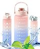 House of Quirk 3 Pc Sticker Water Bottle with Straw, Sports Water Bottles with Handle, Leak Proof Drinks Bottle BPA Free (Pink/Blue, 2Litre+900ml+350ml)