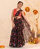 Pspeaches Sleeveless Mock Saree Style  Sequin Embellished Choli With Graden Flower Printed Lehenga - Black