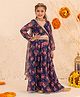Pspeaches Full Sleeves Floral Printed & Mirror Work Embellished Angrakha Style Choli With Coordination Lehenga & Dupatta - Navy Blue