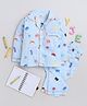 Knitting Doodles Premium Cotton Full Sleeves Boom Printed & Striped Pattern Coordinating Night Suit - Blue & White