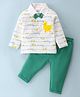 Wow Clothes Cotton Knit Full Sleeves T-Shirt & Lounge Pant Stripes & Bird Applique - White & Green