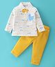 Wow Clothes Cotton Knit Full Sleeves T-Shirt & Lounge Pant Stripes & Bird Applique - White & Yellow