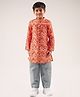 Lil' Drama Full Sleeves Lurex Checked With Moroccan Designed Floral Printed Chanderi Kurta & Pyjama Set - Orange