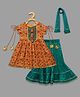 Lil' Drama Raangoli  Half Sleeves Floral Block Motif Printed & Tassel Detailed Lurex Chanderi Kurta And  Shantoon Sharara With Dupatta Set - Orange