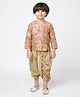 Lil' Drama Golden Weaves Detailed Full Sleeves Floral Printed Lurex Muslin  Kurta With Striped Designed Muslin Dhoti - Beige