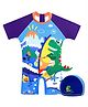 Little Surprise Box Half Sleeves Surfing Dinosaur Printed Swimsuit With Coordinating Swim Cap - Blue