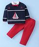 ToffyHouse Cotton Woven Shirt & Bottom Set with  Flat Knit Sweater Ship Print - Red