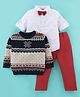 ToffyHouse Cotton Full Sleeves Shirt & Trouser Set with Sweater & Bow Tie Intarsia Design - Red & White