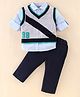 ToffyHouse Full Sleeves Shirt & Pant Set With Flat Knit Sweater Number Print - Blue & Grey
